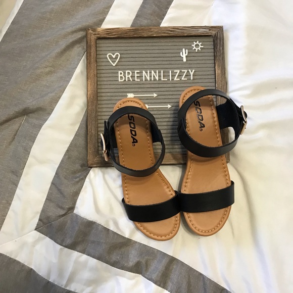 Black Sandals Wedges Classic Front Strap Buckle - Picture 3 of 8